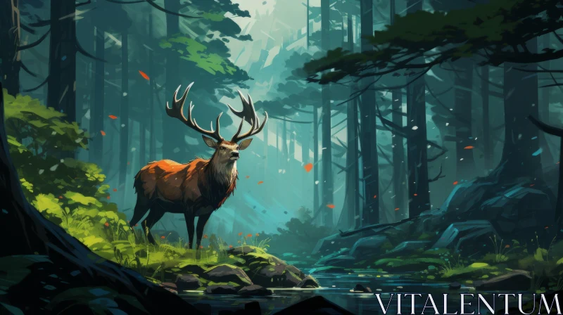 Enthralling Deer in the Forest Artwork AI Image