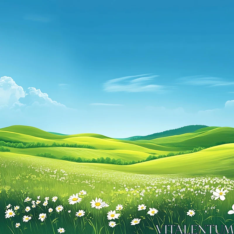 AI ART Rolling Hills and Daisy Field