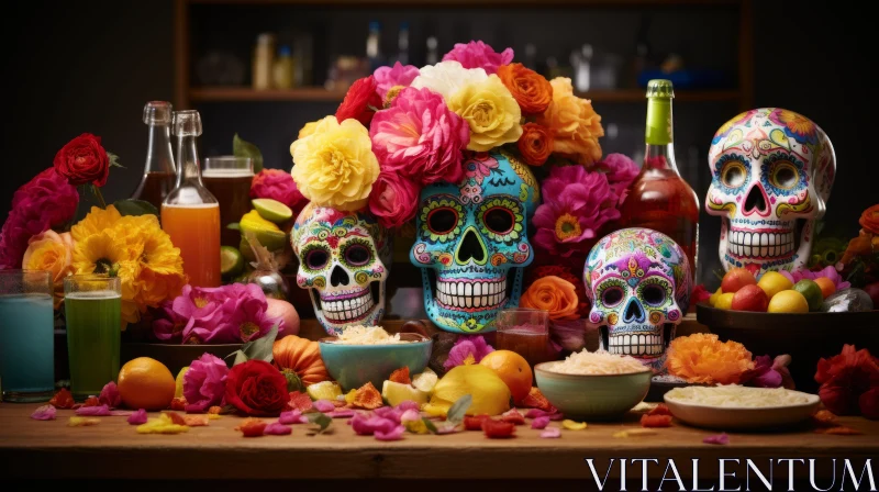 Festive Sugar Skulls: A Blend of Cultures AI Image