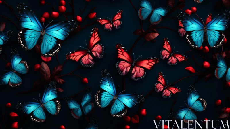 Luminous Blue Butterflies and Red Flowers Wallpaper AI Image