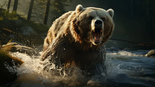 Majestic Bear Charging Through River Amidst Sunlit Forest