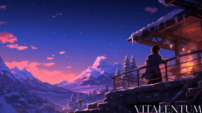 Pensive Moment - Anime Art of Man Amidst Snowy Mountains AI Image