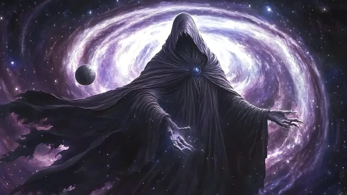 Cloaked Figure in Cosmic Scene