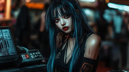 Edgy Woman with Blue Hair in Cyberpunk Setting