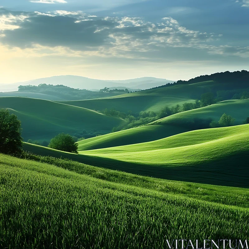 AI ART Lush Green Hills Under Cloudy Sky