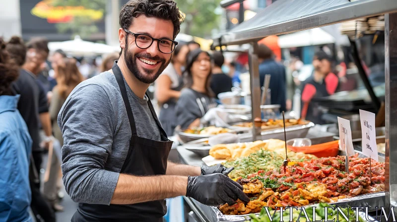 Happy Chef at a Busy Street Food Market AI Image