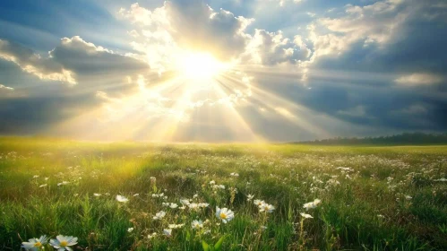 Beautiful Field with Morning Sunlight and Blossoms