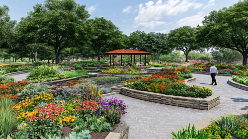 Serene Garden Scene with Pond and Flowers