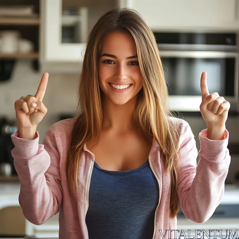 Cheerful Woman with Upward Gesture AI Image