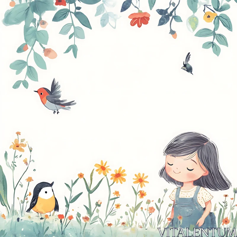 Pastel Child with Bird Illustration AI Image