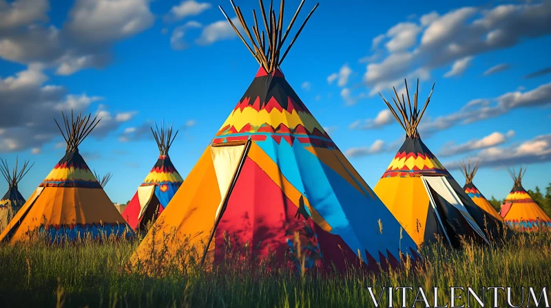 Vibrant Tipis in a Grassy Field AI Image