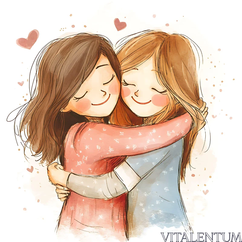 Friends Hugging Watercolor Illustration AI Image