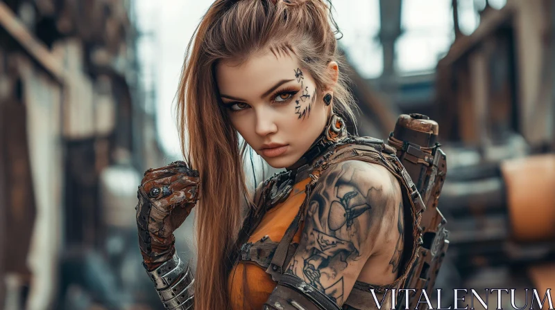 Intense Gaze of a Post-Apocalyptic Warrior Woman AI Image