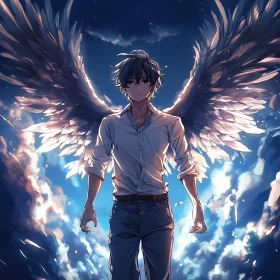 Winged Anime Character in Sky