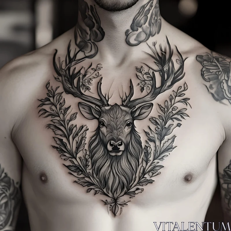 Ornate Deer Tattoo Design on Chest AI Image