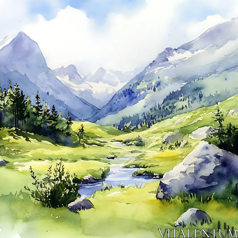 AI ART Peaceful Mountain Vista Watercolor Art