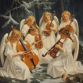 Angels Playing Music in Winter Forest