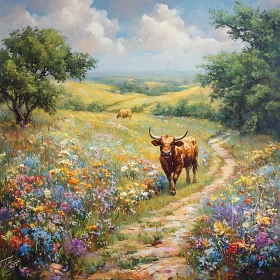 Pastoral Scene with Longhorn Cow