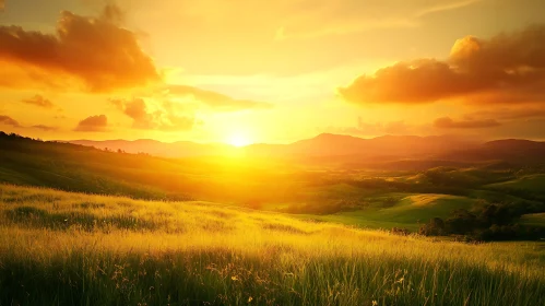 Picturesque Sunset Landscape with Meadow
