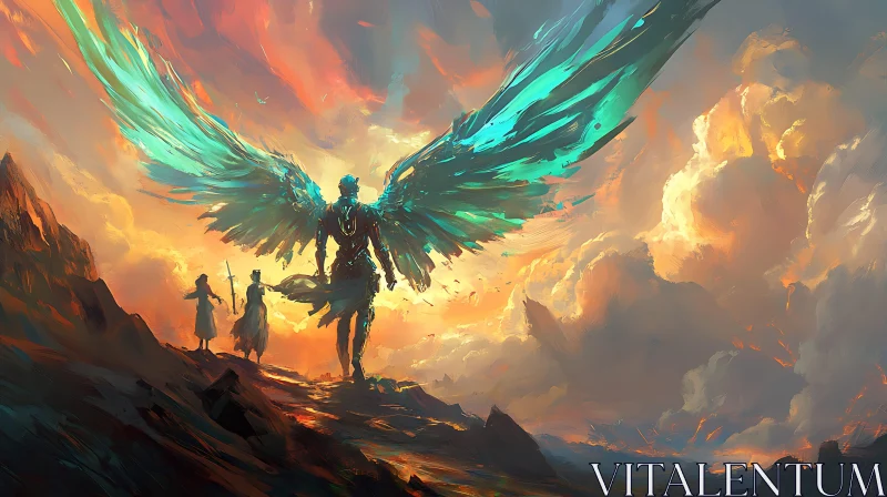 Winged Guardian at Sunset: A Fantasy Scene AI Image