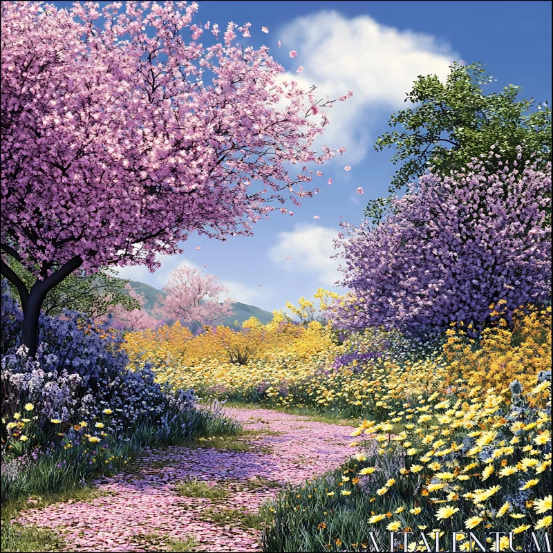 AI ART Floral Path Through Springtime Blossoms