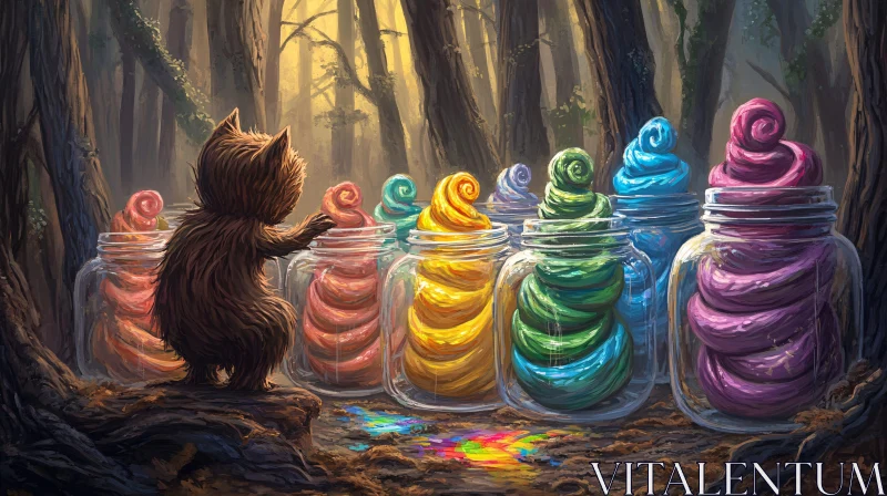 Colorful Sweets in Jars in the Forest AI Image