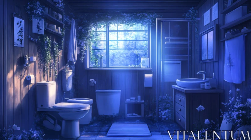 Calming Blue Bathroom Interior with Plants AI Image