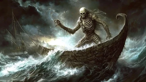 Skeletal Boatman Amidst Tempestuous Waters