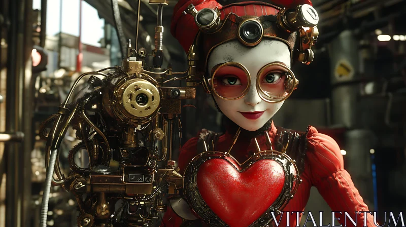 Cyborg with Heart in Steampunk Factory AI Image