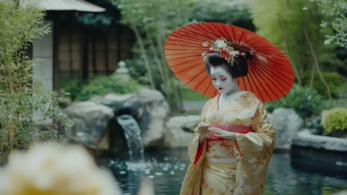 Japanese Geisha in Garden with Umbrella