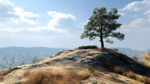 Lone Tree on a Scenic Hill with Blue Sky AI Image