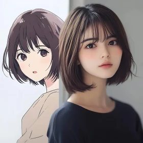 Dual Portrait: Anime and Realistic Woman