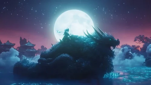 Mystical Dragon and Rider at Night