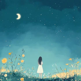 Girl Gazing at Moon in Flower Field