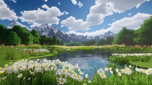 Mountain Lake with Flowers