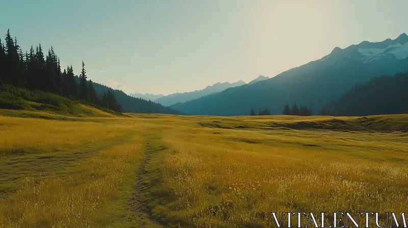 Mountains and Golden Field View AI Image