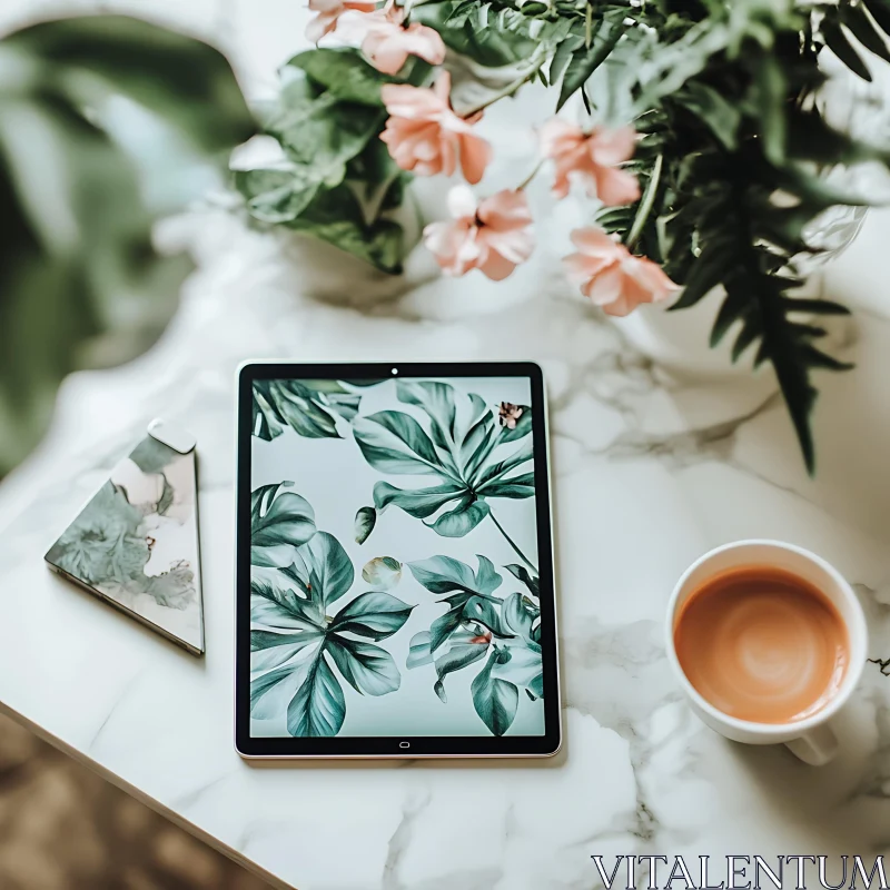 AI ART Tablet with Flowers and Coffee