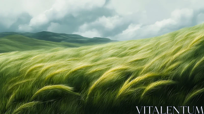 Wind Swept Grass Field with Hills AI Image