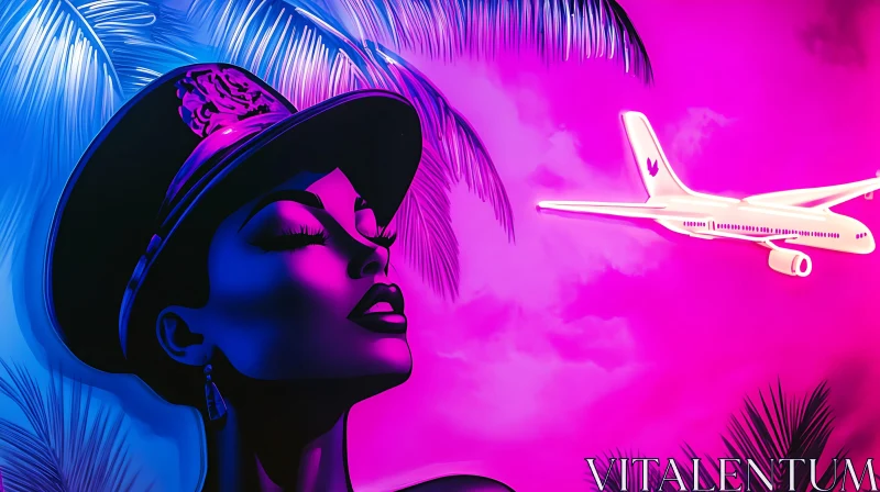 Woman and Airplane in Neon Paradise AI Image