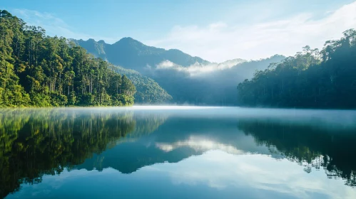 Tranquil Mountain Lake with Misty Reflections