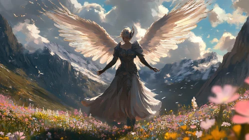 Winged Guardian Amidst Floral Landscape