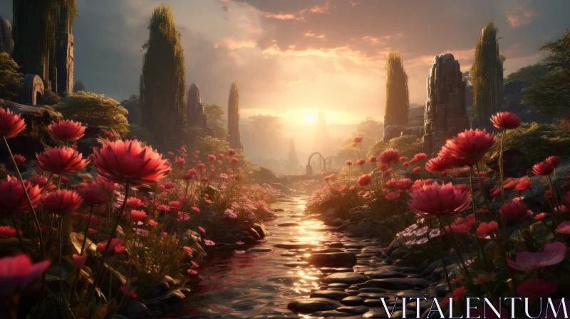 Enchanting Sunset Over Flower-Filled Stream - Artistic Landscape AI Image