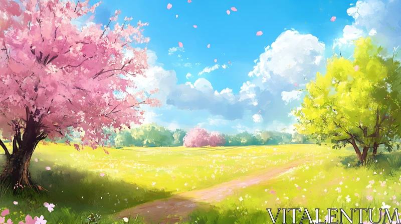 AI ART Springtime Meadow with Blossoming Trees