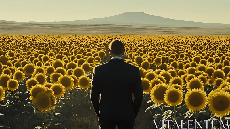 Sunflower Field Vista with Distant Figure AI Image