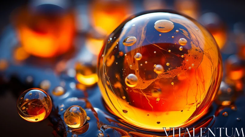 Futuristic Amber Oil Drops on Black Water - Abstract Art AI Image