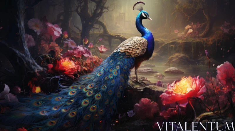 Painterly Style Peacock and Orchid in Forest - Concept Art Illustration AI Image