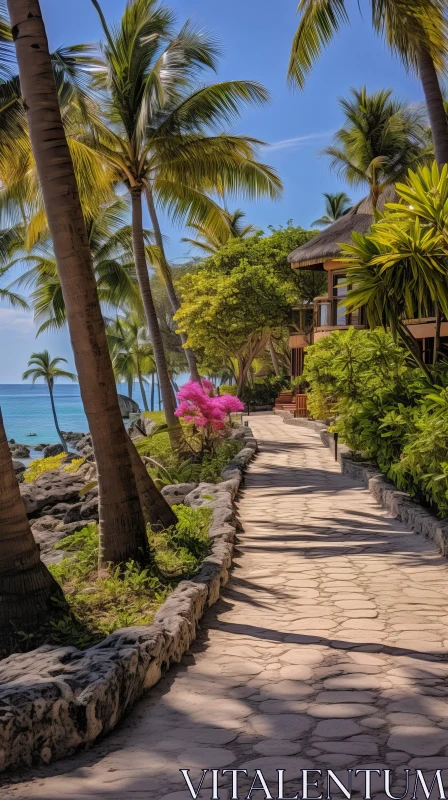 Pathway to a Resort with Palm Trees and Beach View | Vibrant and Lively AI Image