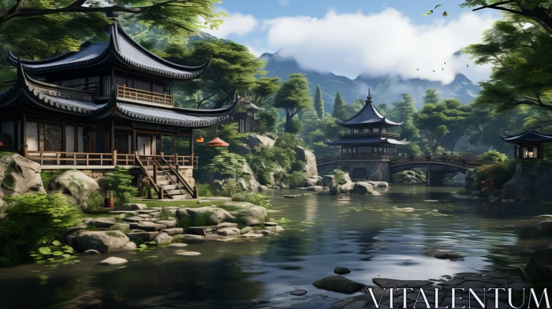 Serene Asian Village Illustration - Unreal Engine Render AI Image