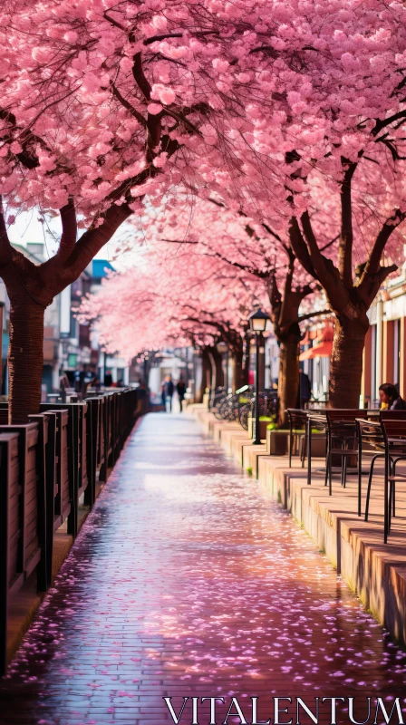 Serene Cherry Blossom Street Scene - Romantic Riverscapes AI Image