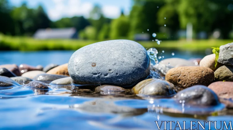 Serene Waterscape: Rock Amidst Water Next to Grass AI Image